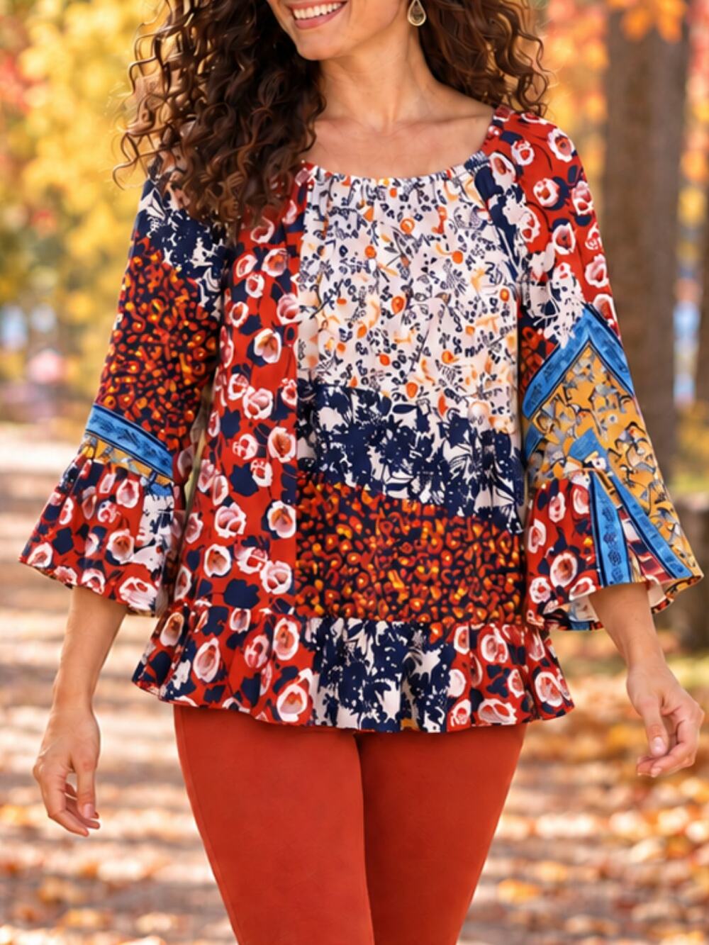 Westport Floral Patchwork Boho Bell Sleeve Top L